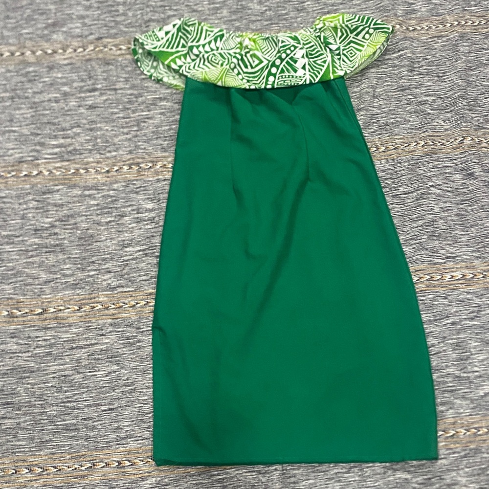 Strapless Green Dress with Patterned Ruffle